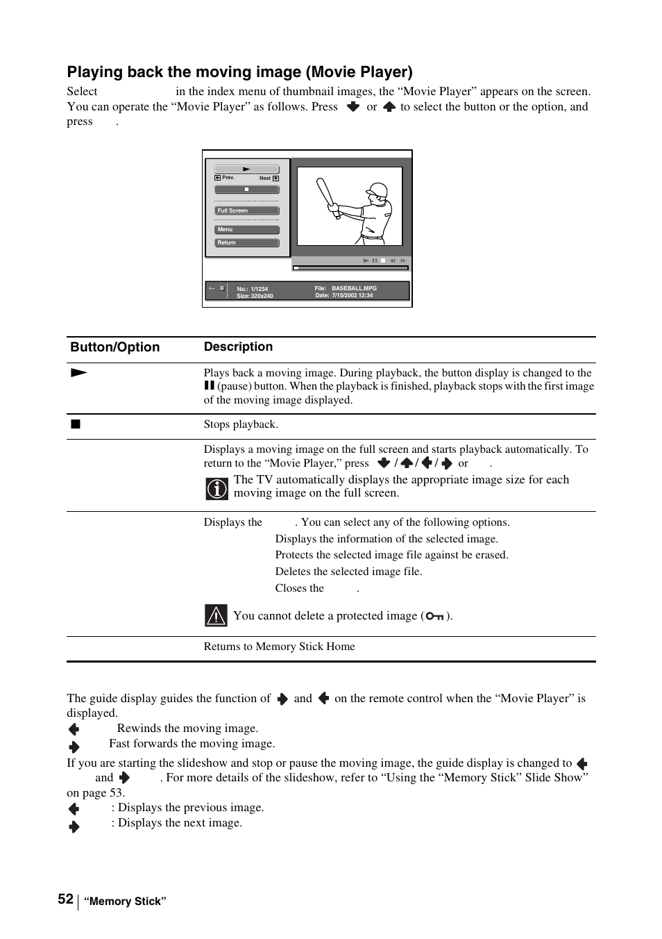 Playing back the moving image (movie player) | Sony WEGA KLV-30MR1 User Manual | Page 52 / 304