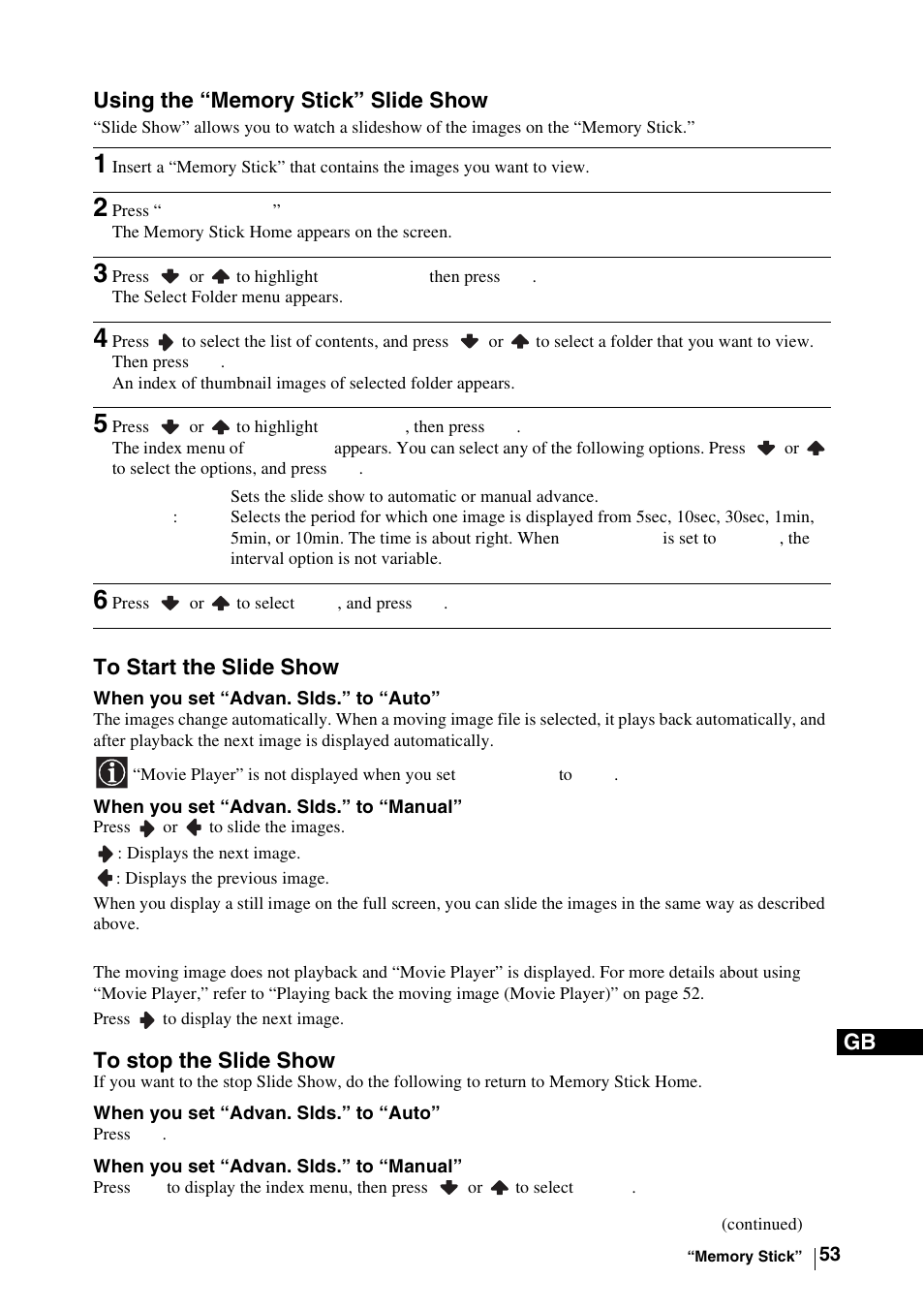 Using the “memory stick” slide show, 2 press “memory stick, 5 press or to highlight slide show, then press ok | 6 press or to select start, and press ok, To start the slide show, To stop the slide show | Sony WEGA KLV-30MR1 User Manual | Page 53 / 304