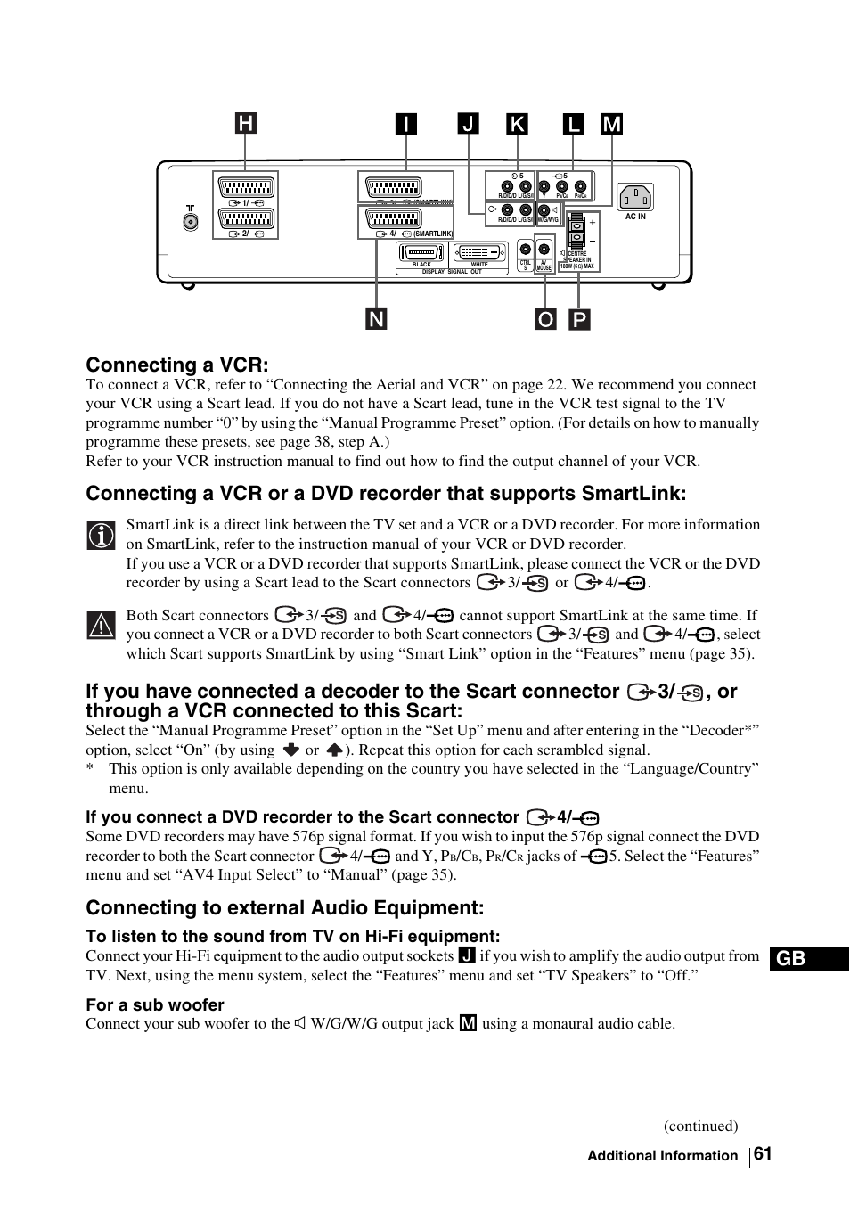 Connecting a vcr, Connecting to external audio equipment, Gb connecting a vcr | For a sub woofer | Sony WEGA KLV-30MR1 User Manual | Page 61 / 304