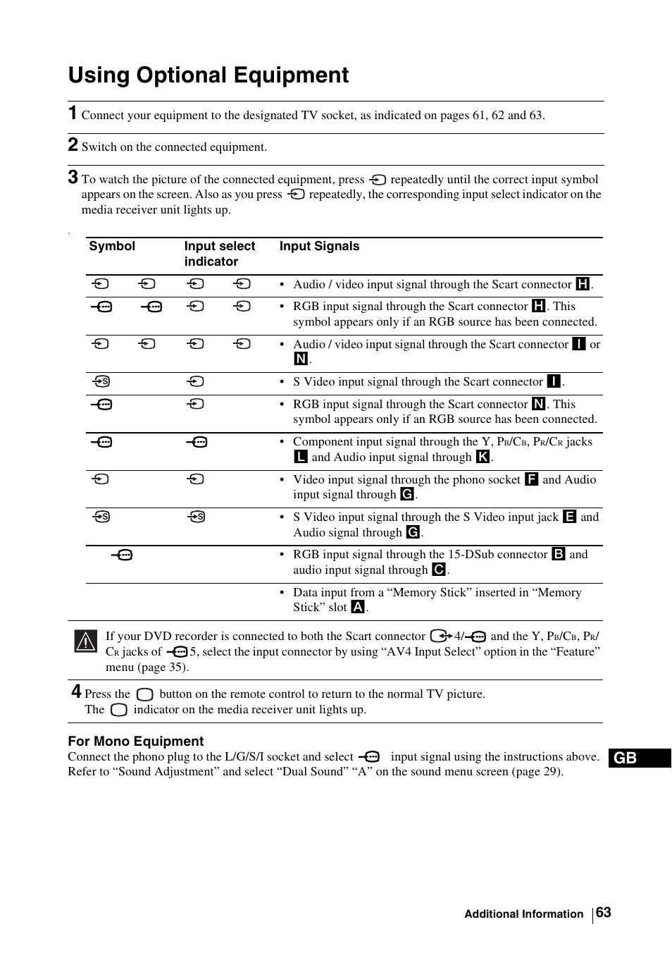 Using optional equipment, 2 switch on the connected equipment | Sony WEGA KLV-30MR1 User Manual | Page 63 / 304