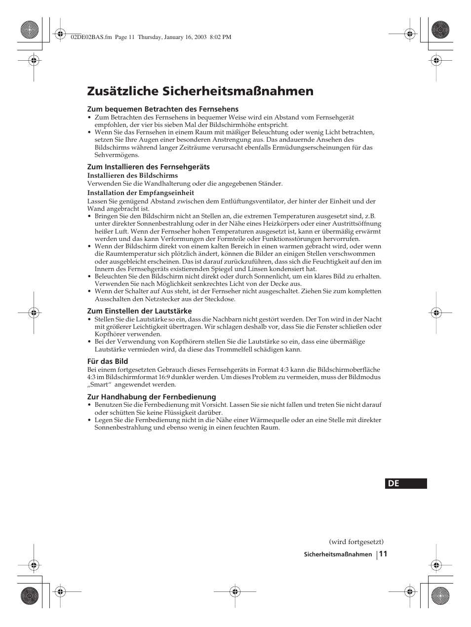 Zusätzliche sicherheitsmaßnahmen | Sony WEGA KLV-30MR1 User Manual | Page 87 / 304