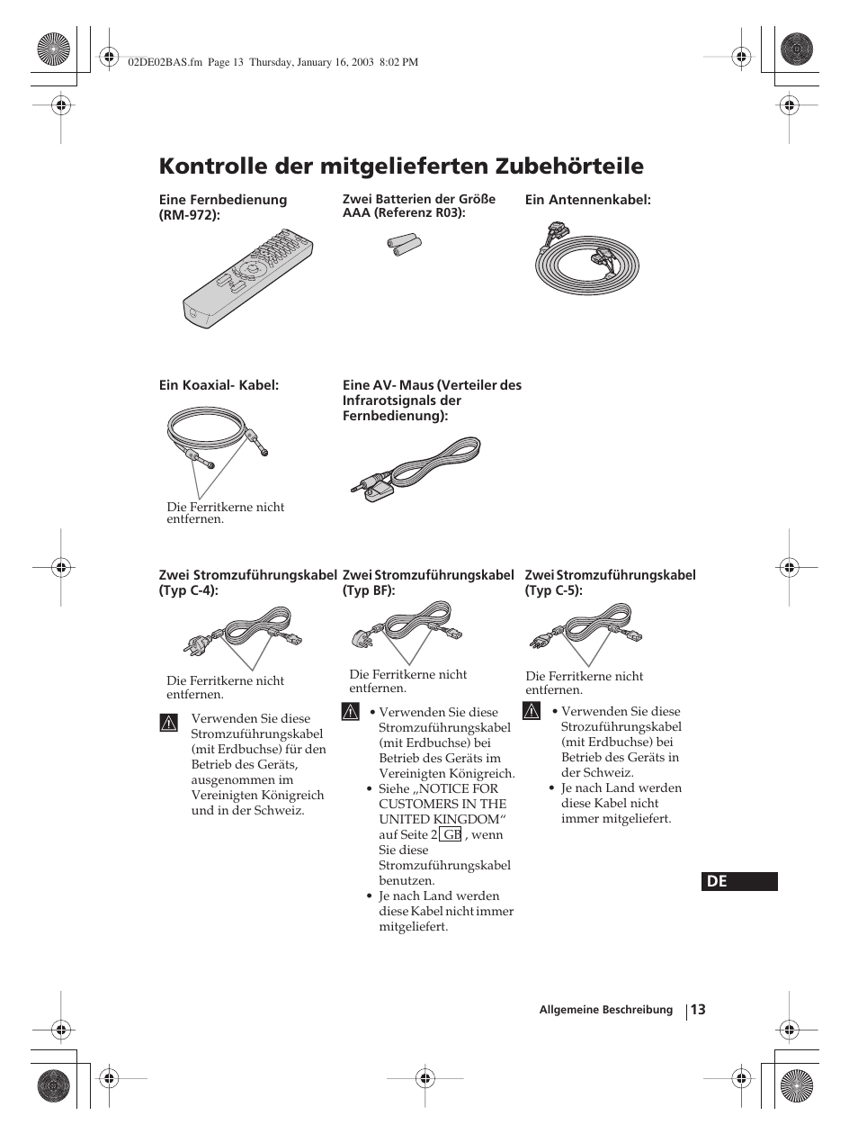 Kontrolle der mitgelieferten zubehörteile | Sony WEGA KLV-30MR1 User Manual | Page 89 / 304