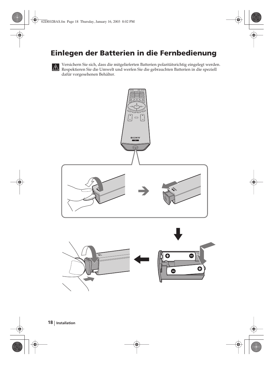 Einlegen der batterien in die fernbedienung | Sony WEGA KLV-30MR1 User Manual | Page 94 / 304