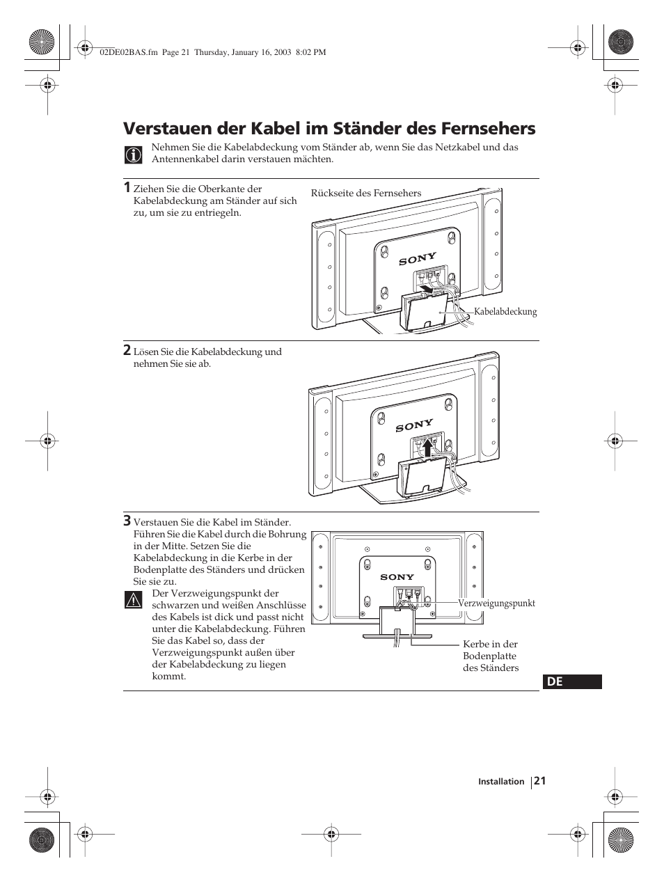 Verstauen der kabel im ständer des fernsehers | Sony WEGA KLV-30MR1 User Manual | Page 97 / 304