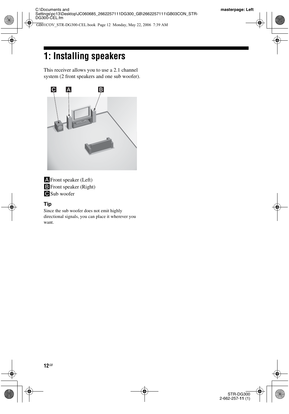 Installing speakers | Sony STR-DG300 User Manual | Page 12 / 48