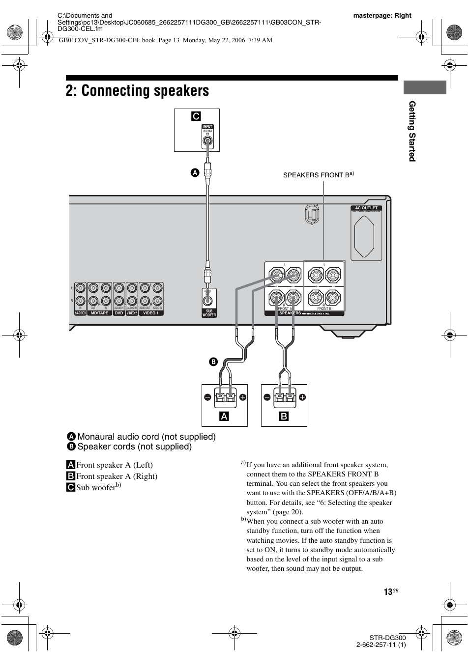 Connecting speakers, Ca b a, Gettin g sta rted | Sony STR-DG300 User Manual | Page 13 / 48