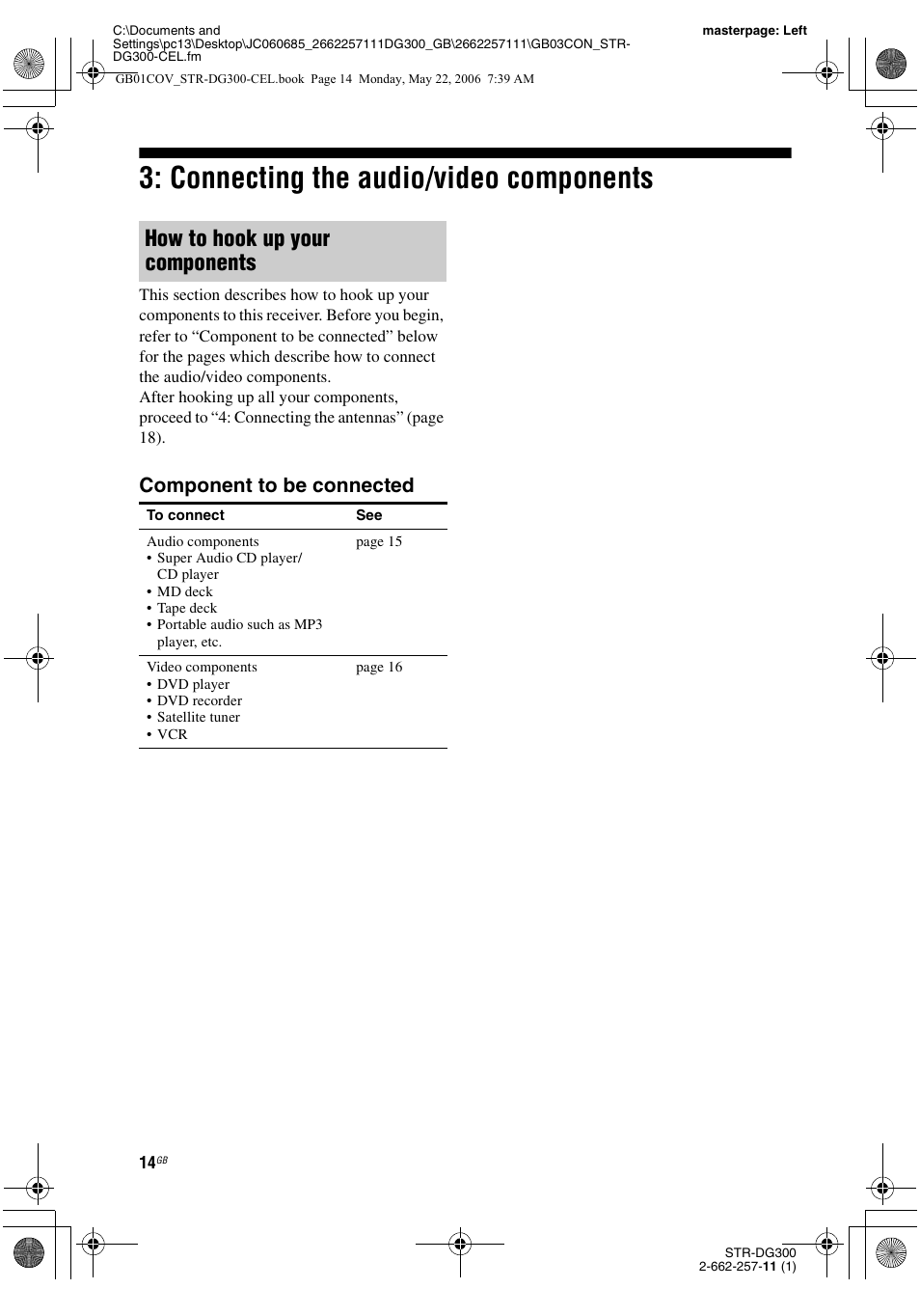 Connecting the audio/video components, Connecting the audio/video, Components | How to hook up your components, Component to be connected | Sony STR-DG300 User Manual | Page 14 / 48