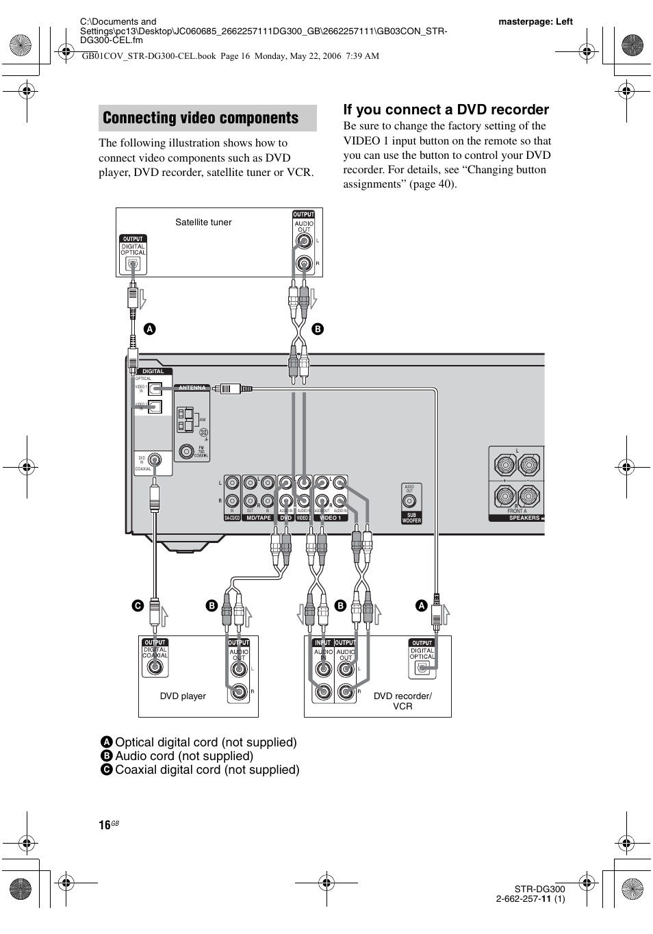 Connecting video components, If you connect a dvd recorder, Bc a | Sony STR-DG300 User Manual | Page 16 / 48