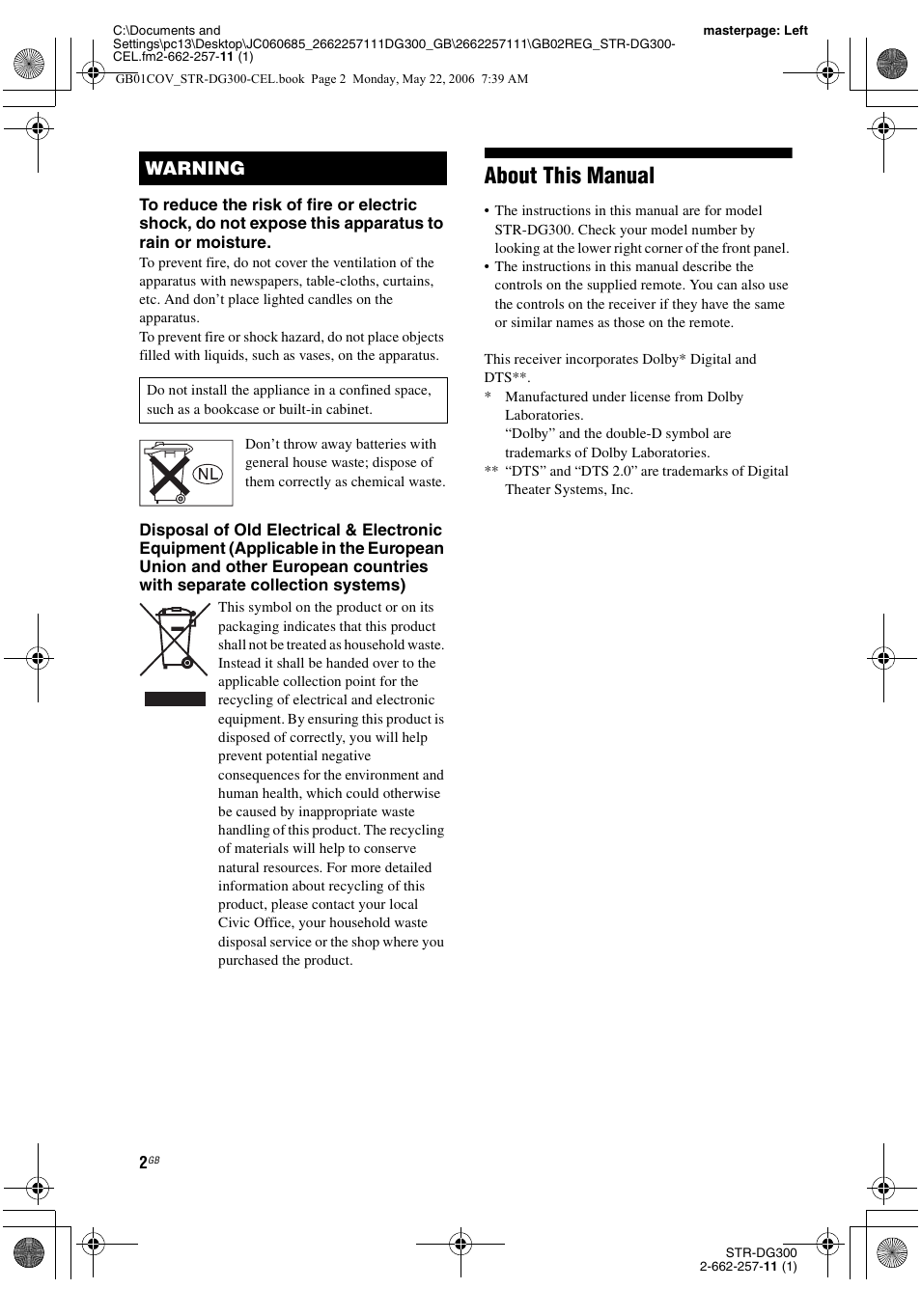 About this manual, Warning | Sony STR-DG300 User Manual | Page 2 / 48