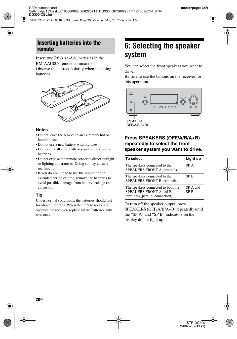 Selecting the speaker system, Inserting batteries into the remote | Sony STR-DG300 User Manual | Page 20 / 48