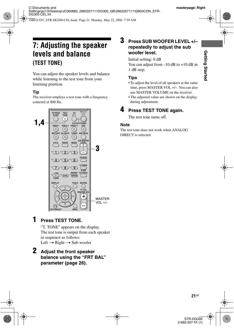 Adjusting the speaker levels and balance, Test tone), Press test tone | Press test tone again | Sony STR-DG300 User Manual | Page 21 / 48