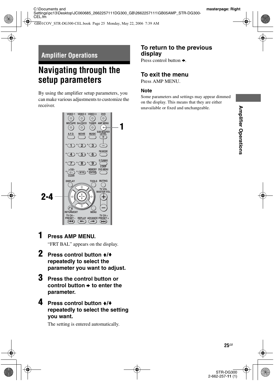 Amplifier operations, Navigating through the setup parameters, Press amp menu | Sony STR-DG300 User Manual | Page 25 / 48