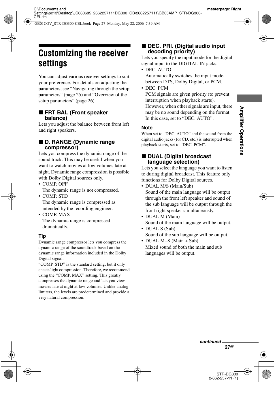 Customizing the receiver settings | Sony STR-DG300 User Manual | Page 27 / 48