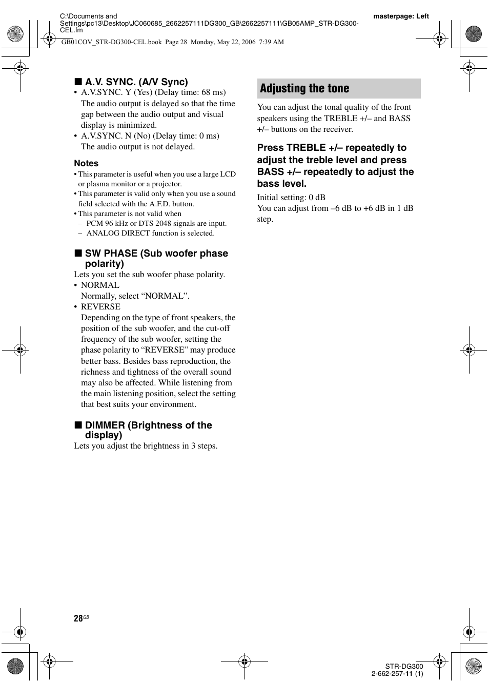 Adjusting the tone | Sony STR-DG300 User Manual | Page 28 / 48