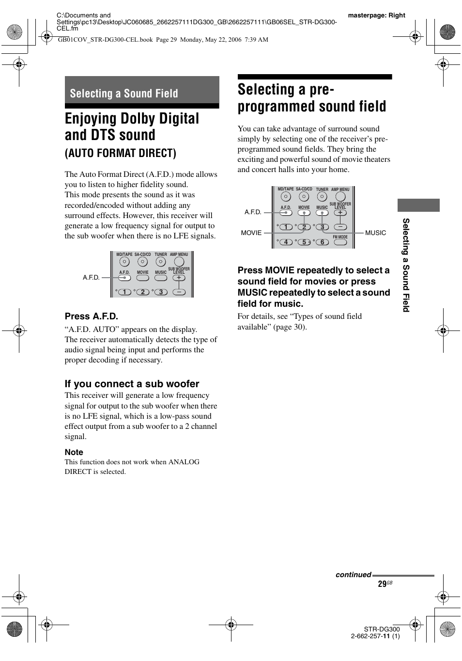 Selecting a sound field, Selecting a pre- programmed sound field, Enjoying dolby digital and dts sound | Auto format direct), Selecting a pre-programmed sound field, If you connect a sub woofer, Press a.f.d | Sony STR-DG300 User Manual | Page 29 / 48