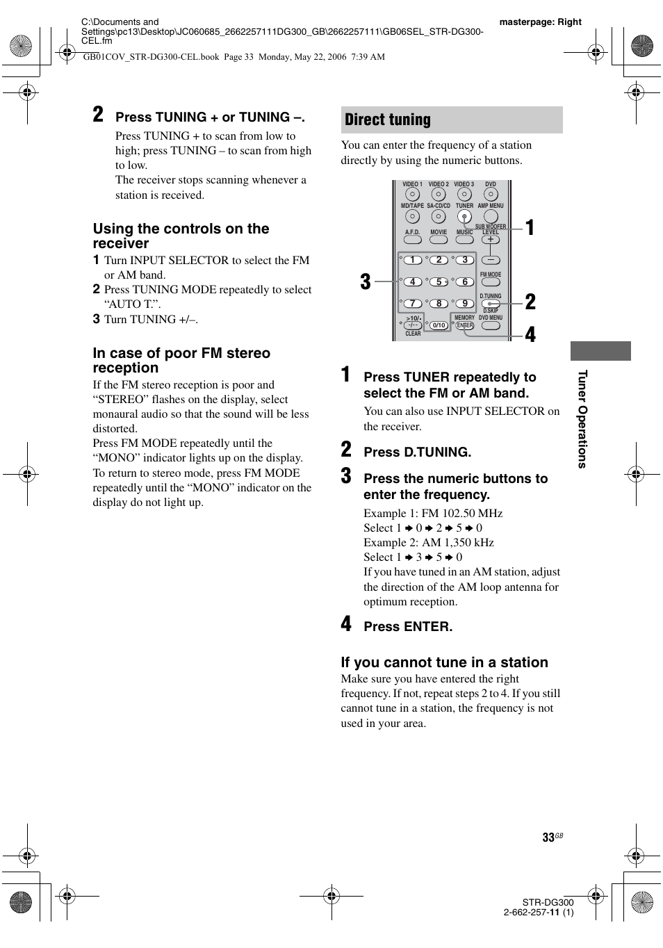 E 33, E 33, 35, Direct tuning | Using the controls on the receiver, If you cannot tune in a station | Sony STR-DG300 User Manual | Page 33 / 48