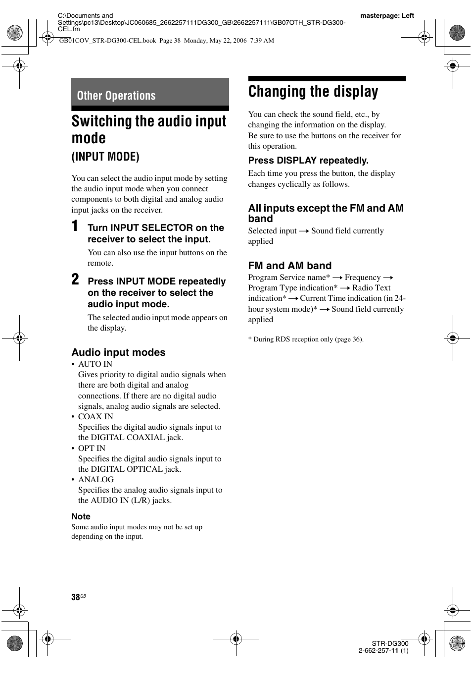 Other operations, Switching the audio input mode (input mode), Changing the display | Switching the audio input mode, Input mode) | Sony STR-DG300 User Manual | Page 38 / 48