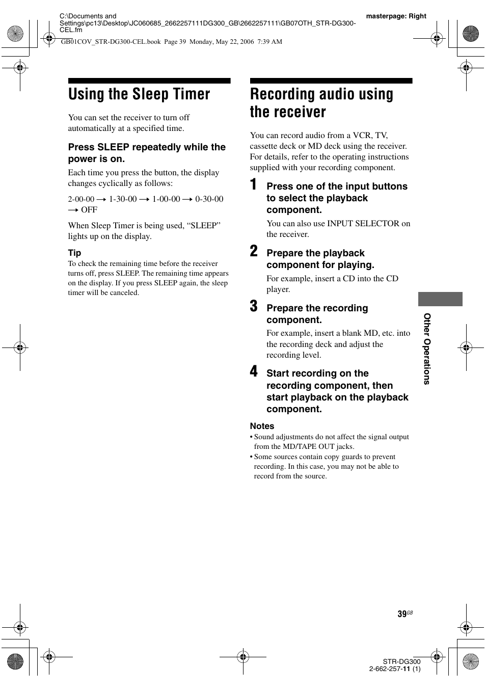 Using the sleep timer, Recording audio using the receiver | Sony STR-DG300 User Manual | Page 39 / 48