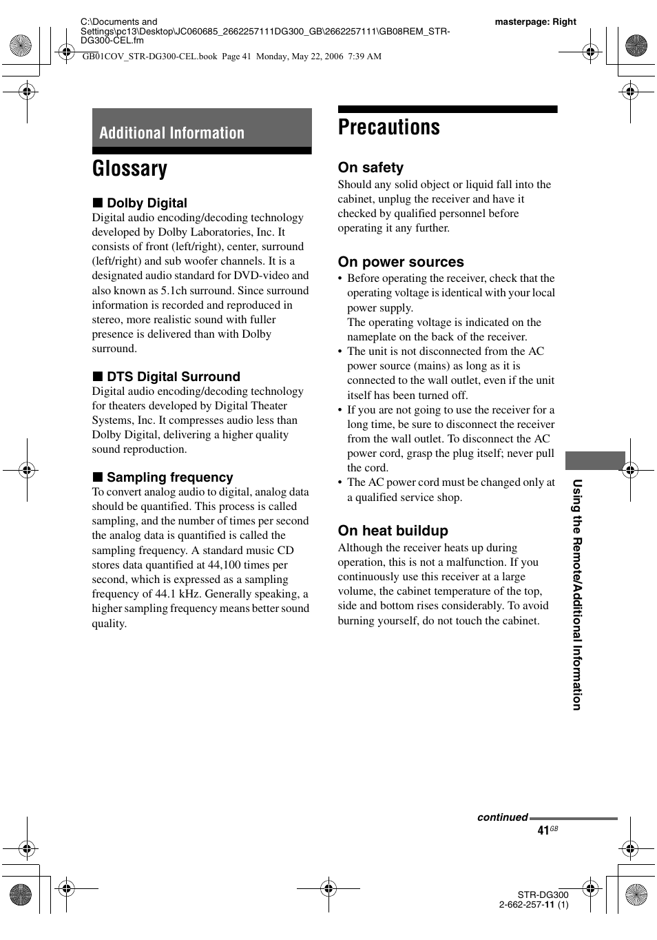 Additional information, Glossary, Precautions | Glossary precautions, On safety, On power sources, On heat buildup | Sony STR-DG300 User Manual | Page 41 / 48