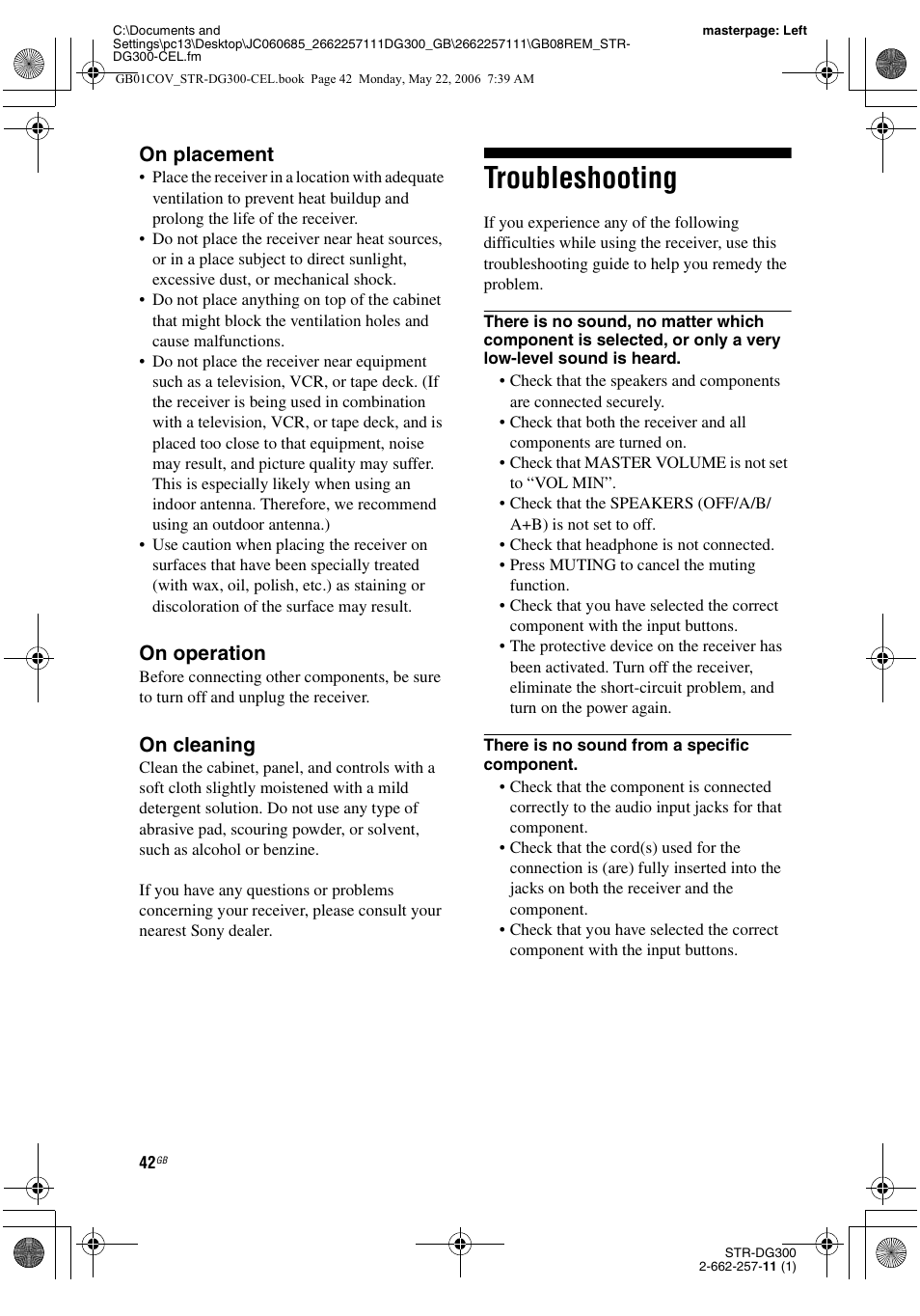 Troubleshooting, On placement, On operation | On cleaning | Sony STR-DG300 User Manual | Page 42 / 48