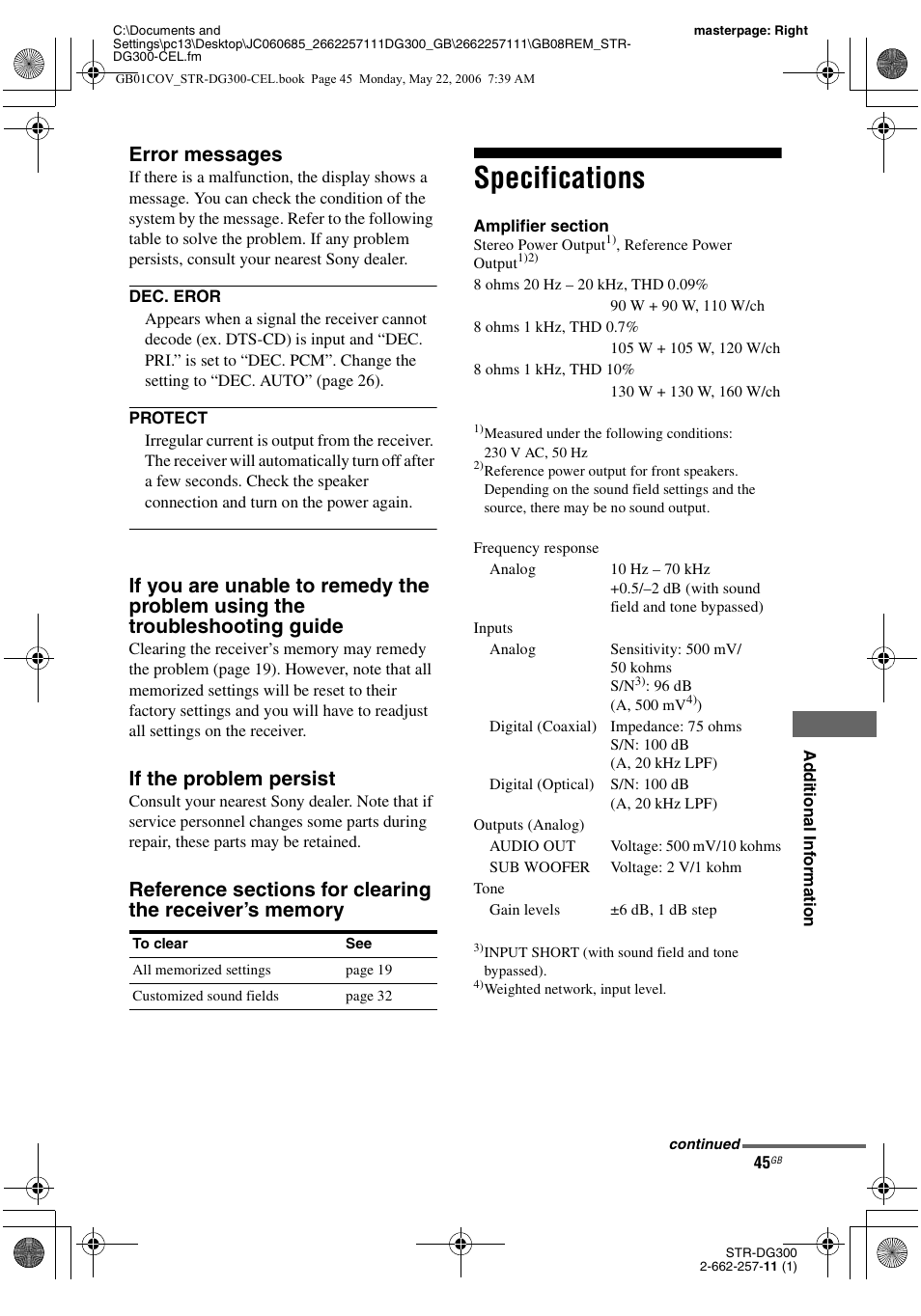 Specifications, Error messages, If the problem persist | Sony STR-DG300 User Manual | Page 45 / 48