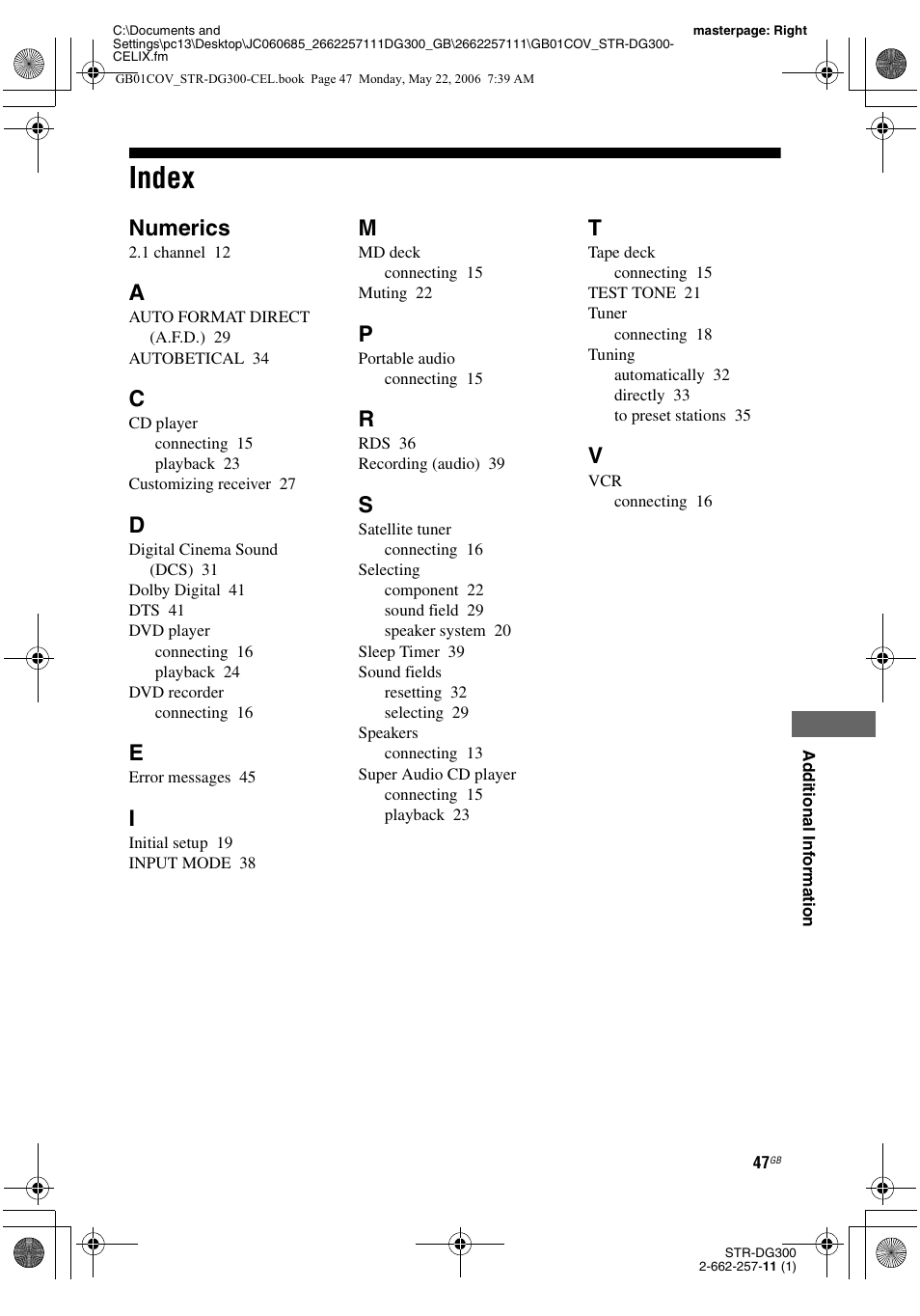 Index, Numerics | Sony STR-DG300 User Manual | Page 47 / 48
