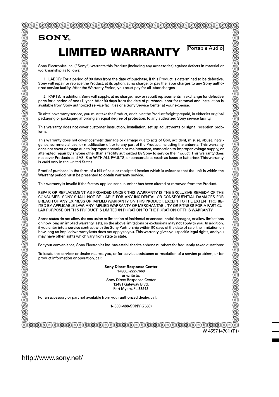 Sony corporation, This warranty is valid only in the united states | Sony D-FJ401 User Manual | Page 32 / 32