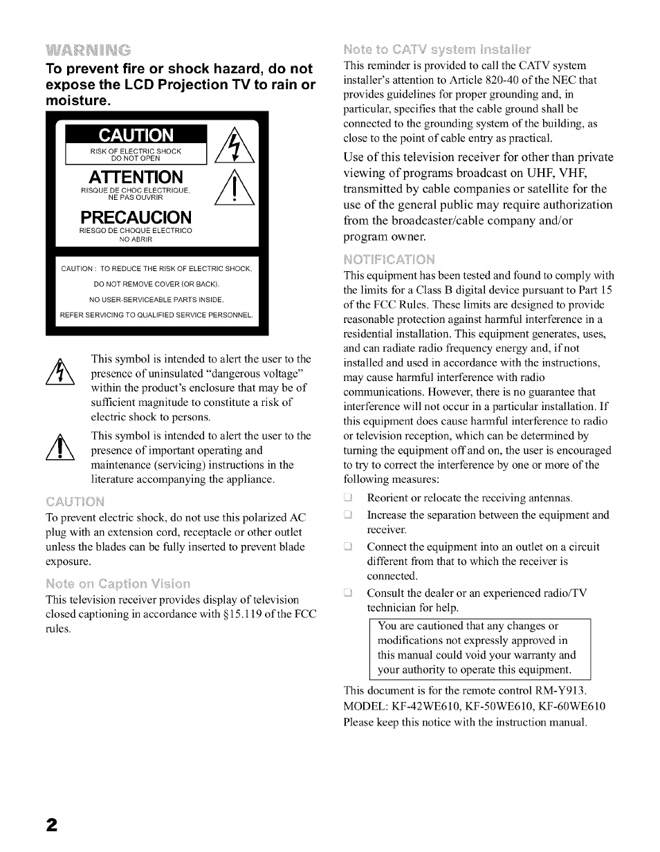 Caution, Attention, Precaucion | Sony KFO50WE610 User Manual | Page 2 / 104