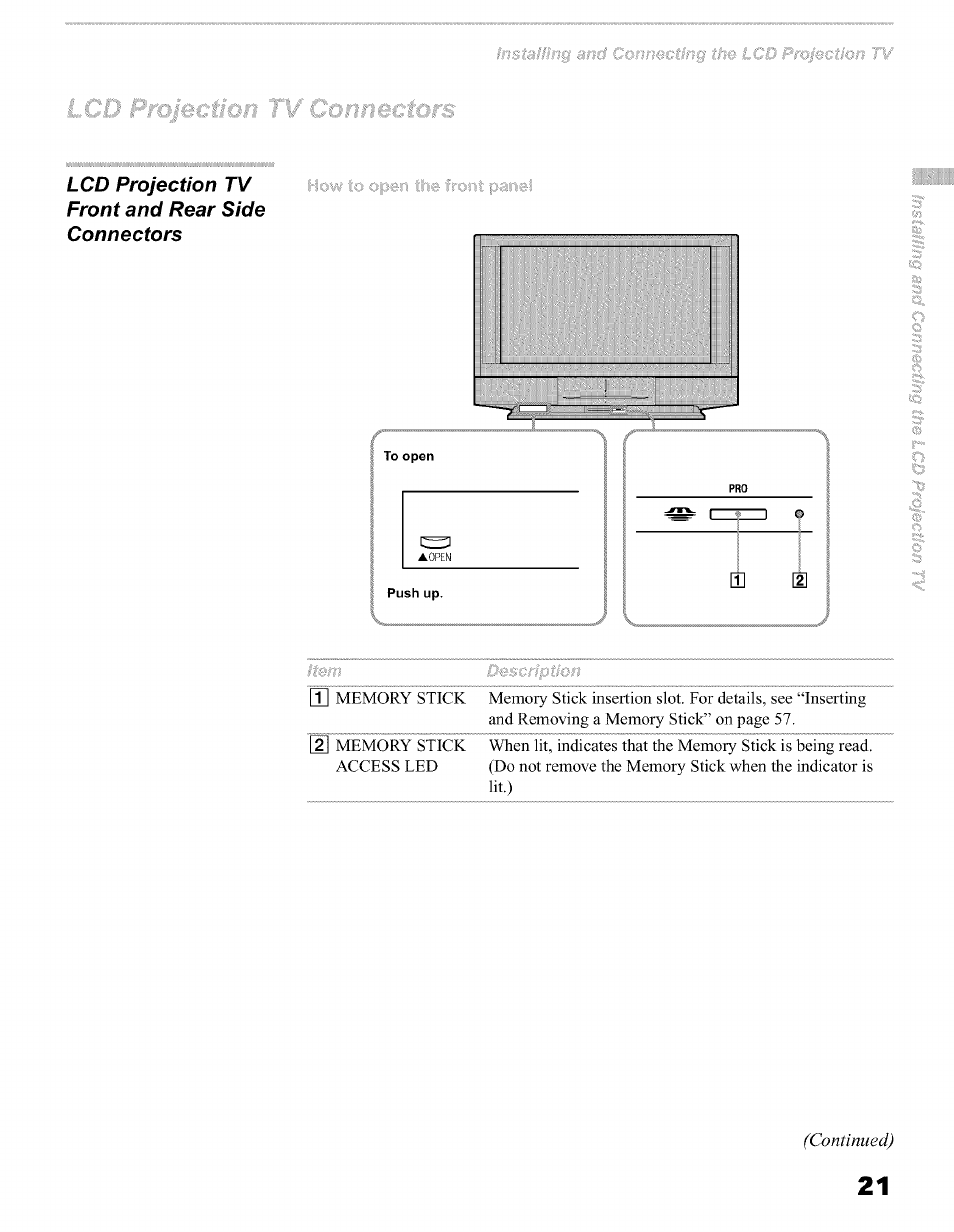 Lcd projection tv front and rear side connectors | Sony KFO50WE610 User Manual | Page 21 / 104