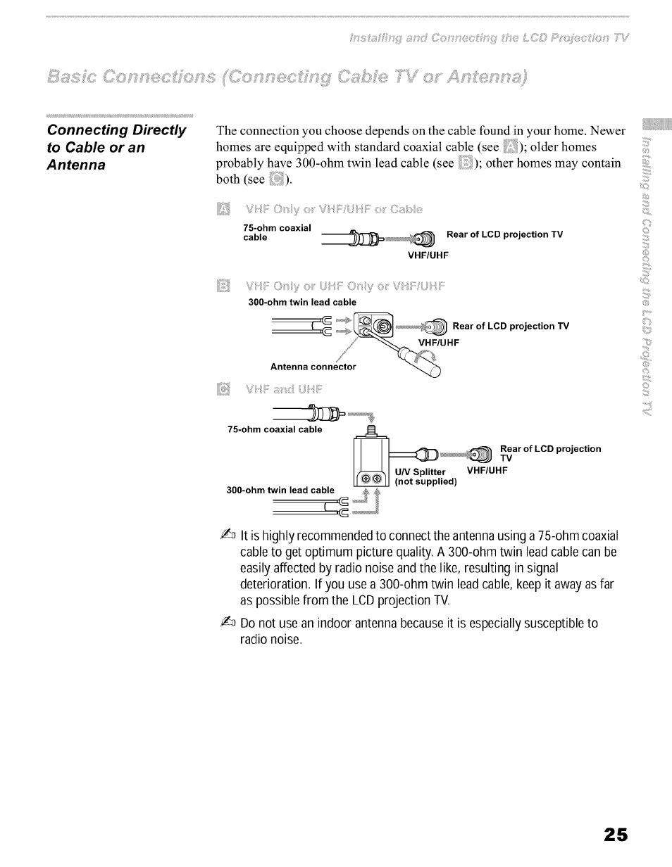 Connecting directly to cable or an antenna | Sony KFO50WE610 User Manual | Page 25 / 104