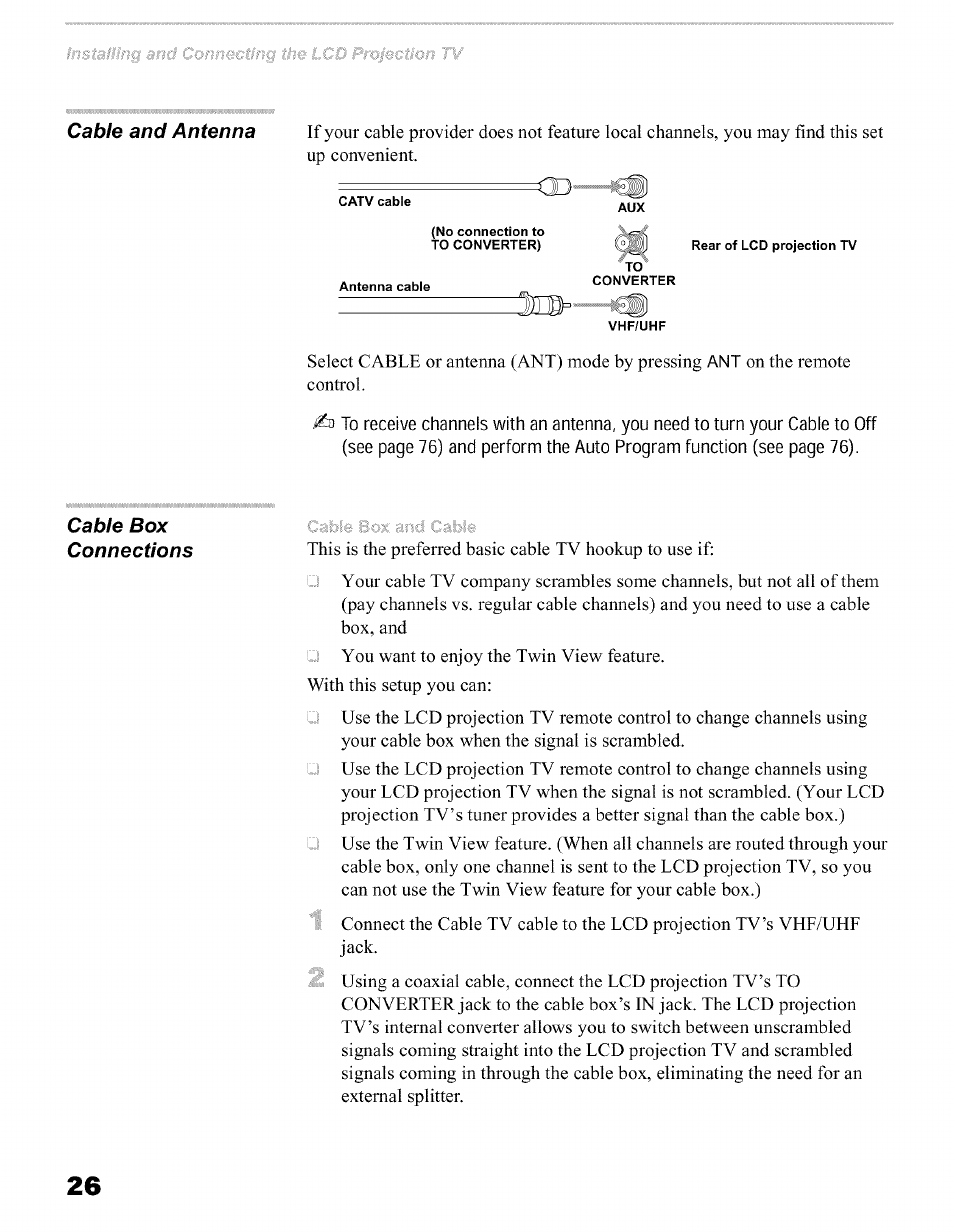 Cable and antenna, Cable box connections | Sony KFO50WE610 User Manual | Page 26 / 104