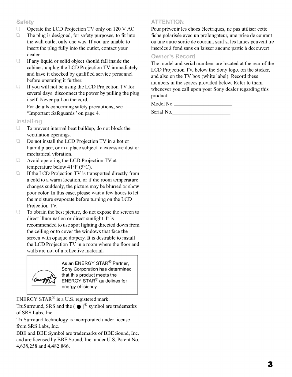 Sony KFO50WE610 User Manual | Page 3 / 104