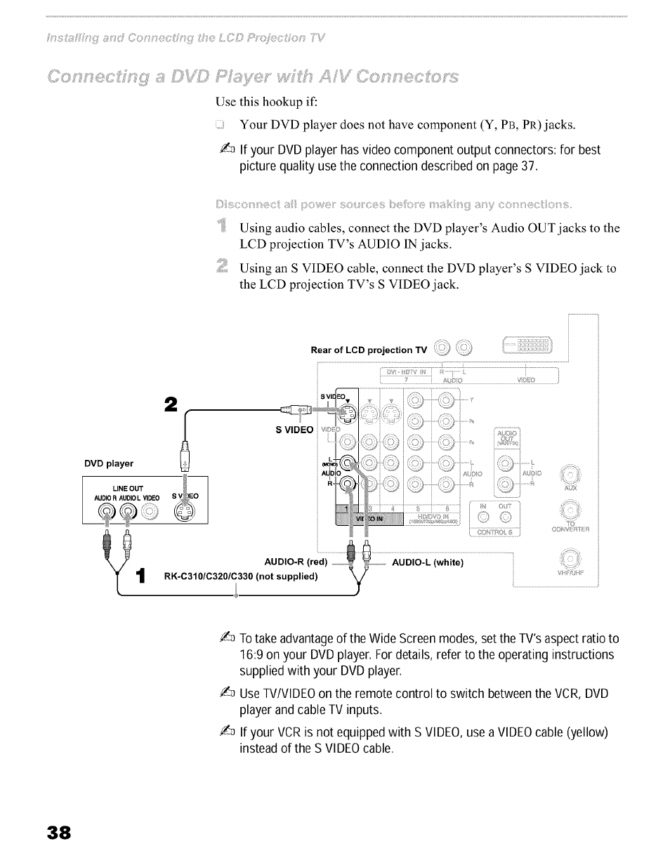 Jacks, Video cable, connect the dvd player’s, Video jack to the lcd projection tv’s | Video jack | Sony KFO50WE610 User Manual | Page 38 / 104