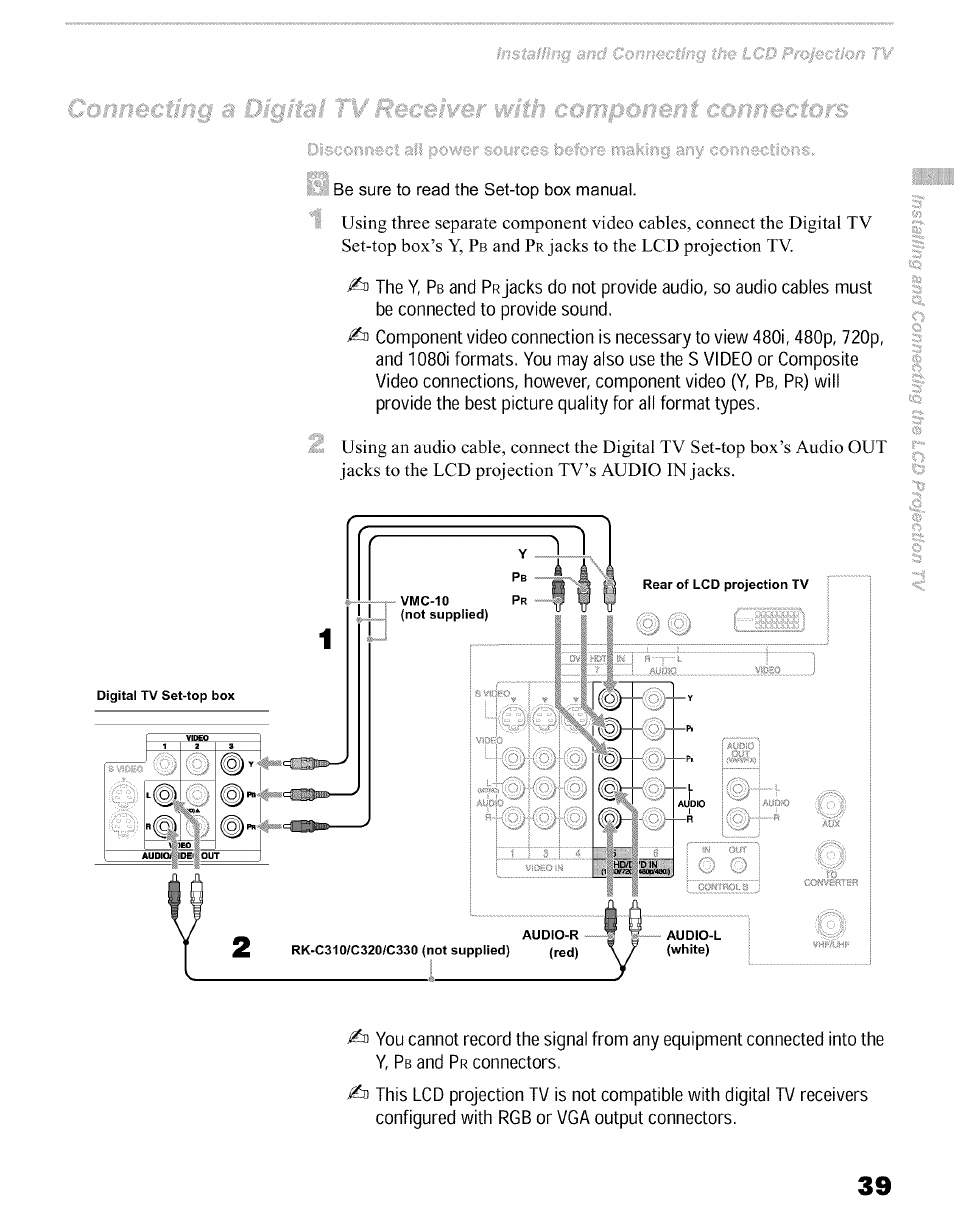 And p, Jacks to the lcd projection t v | Sony KFO50WE610 User Manual | Page 39 / 104