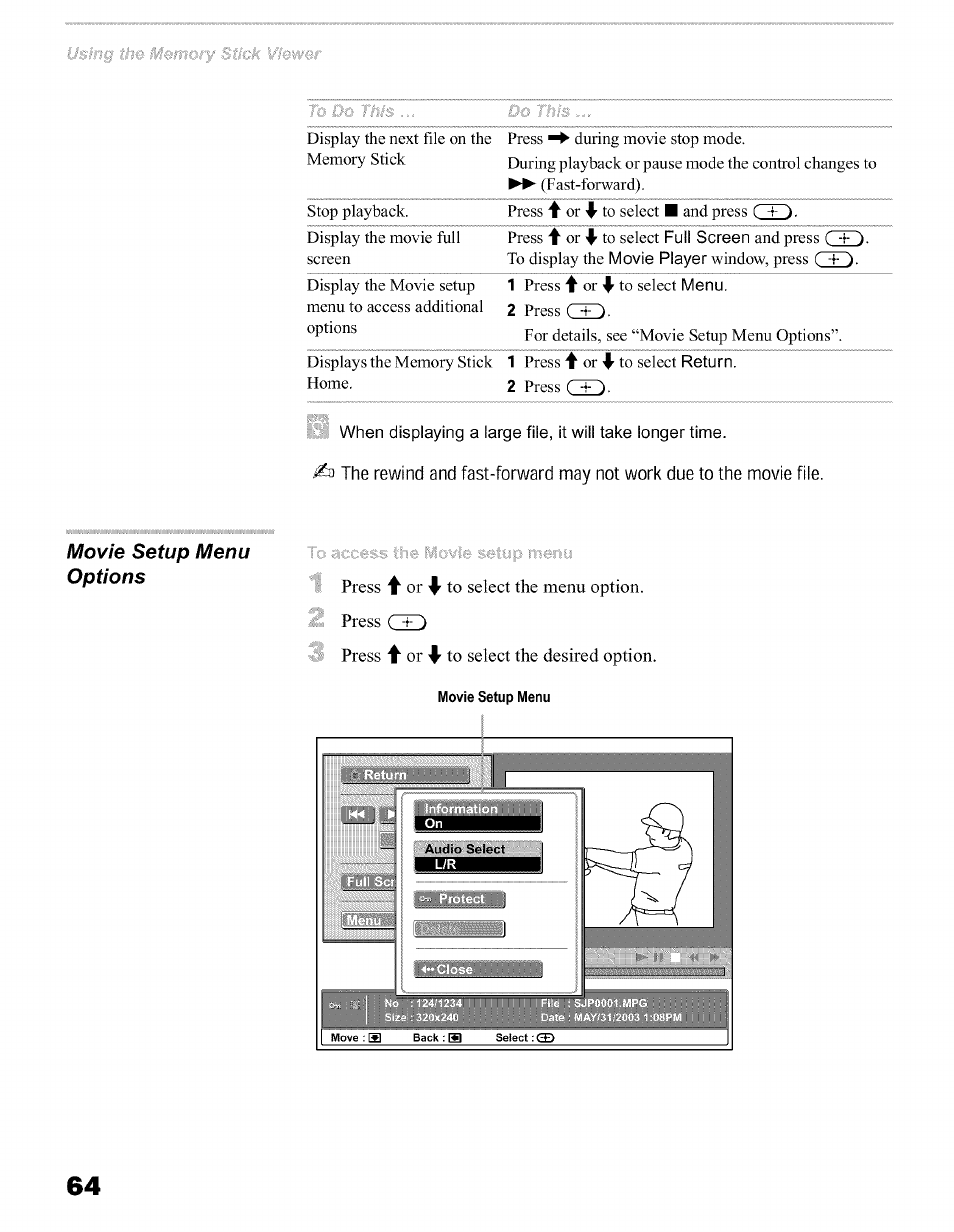 Movie setup menu options | Sony KFO50WE610 User Manual | Page 64 / 104