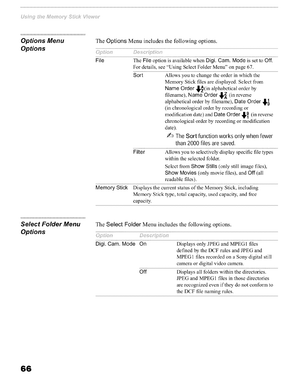 Options menu options, Seiect foider menu options, Menu includes the following options | Sony KFO50WE610 User Manual | Page 66 / 104