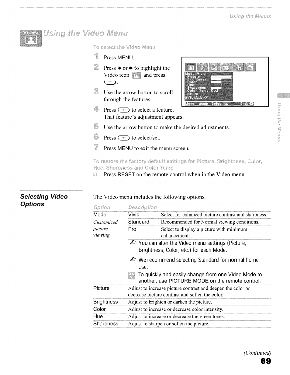 Selecting video options, Continued) | Sony KFO50WE610 User Manual | Page 69 / 104