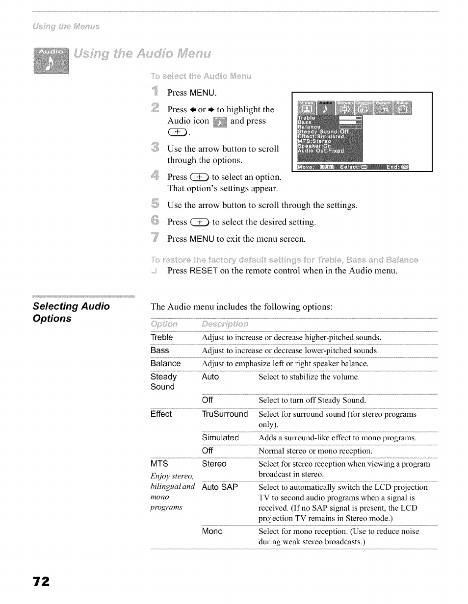 Selecting audio options, Press | Sony KFO50WE610 User Manual | Page 72 / 104