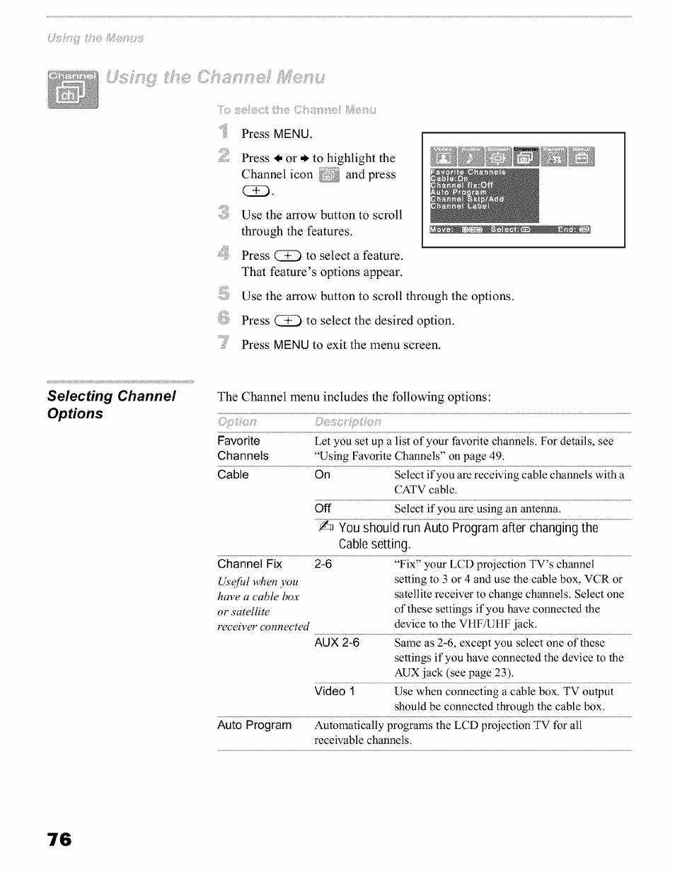 Selecting channel options | Sony KFO50WE610 User Manual | Page 76 / 104