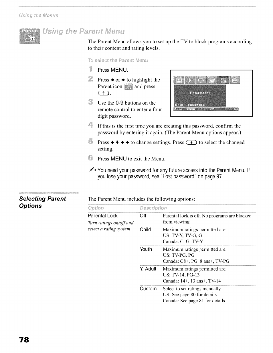 Selecting parent options | Sony KFO50WE610 User Manual | Page 78 / 104