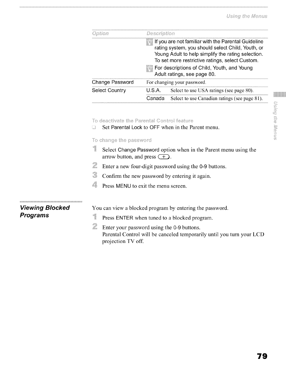 Viewing biocked programs | Sony KFO50WE610 User Manual | Page 79 / 104