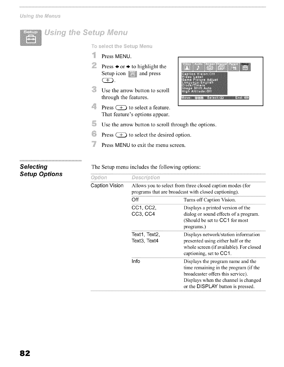 Selecting setup options, The setup menu includes the following options | Sony KFO50WE610 User Manual | Page 82 / 104