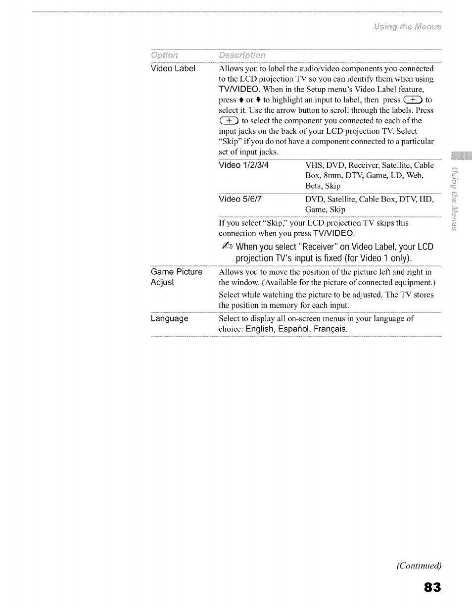 Continued) | Sony KFO50WE610 User Manual | Page 83 / 104