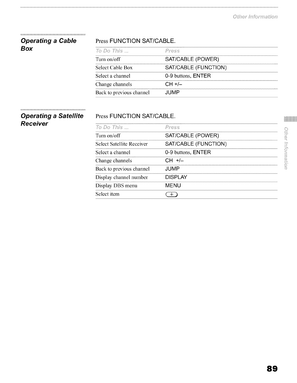 Operating a cable box, Operating a satellite receiver | Sony KFO50WE610 User Manual | Page 89 / 104