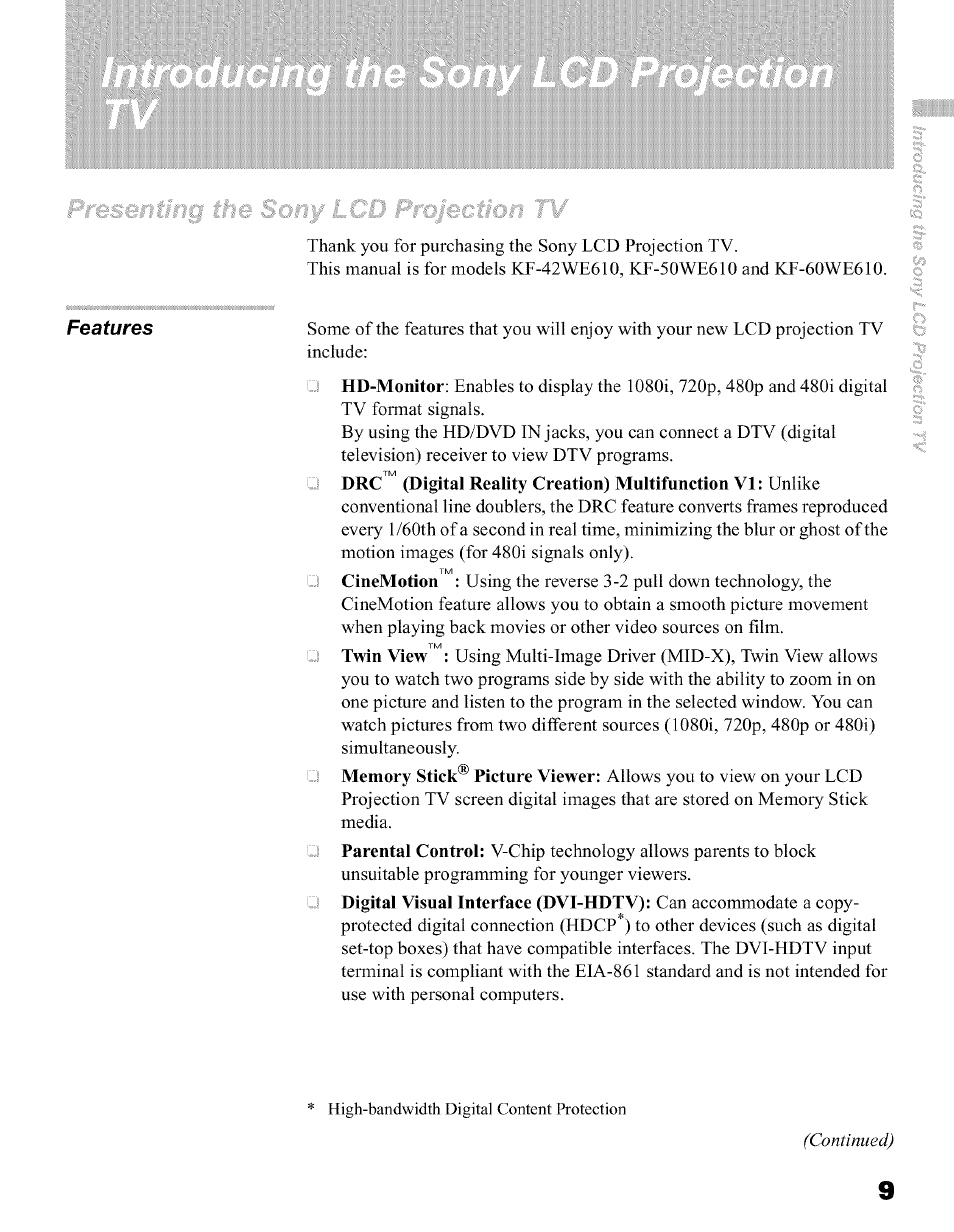 Sony KFO50WE610 User Manual | Page 9 / 104