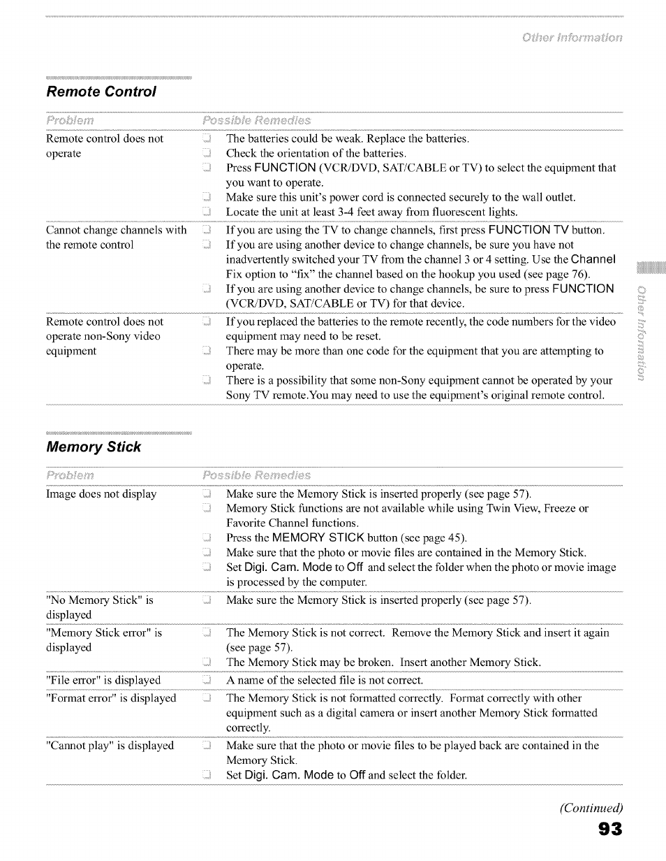 Remote control, Continued) | Sony KFO50WE610 User Manual | Page 93 / 104