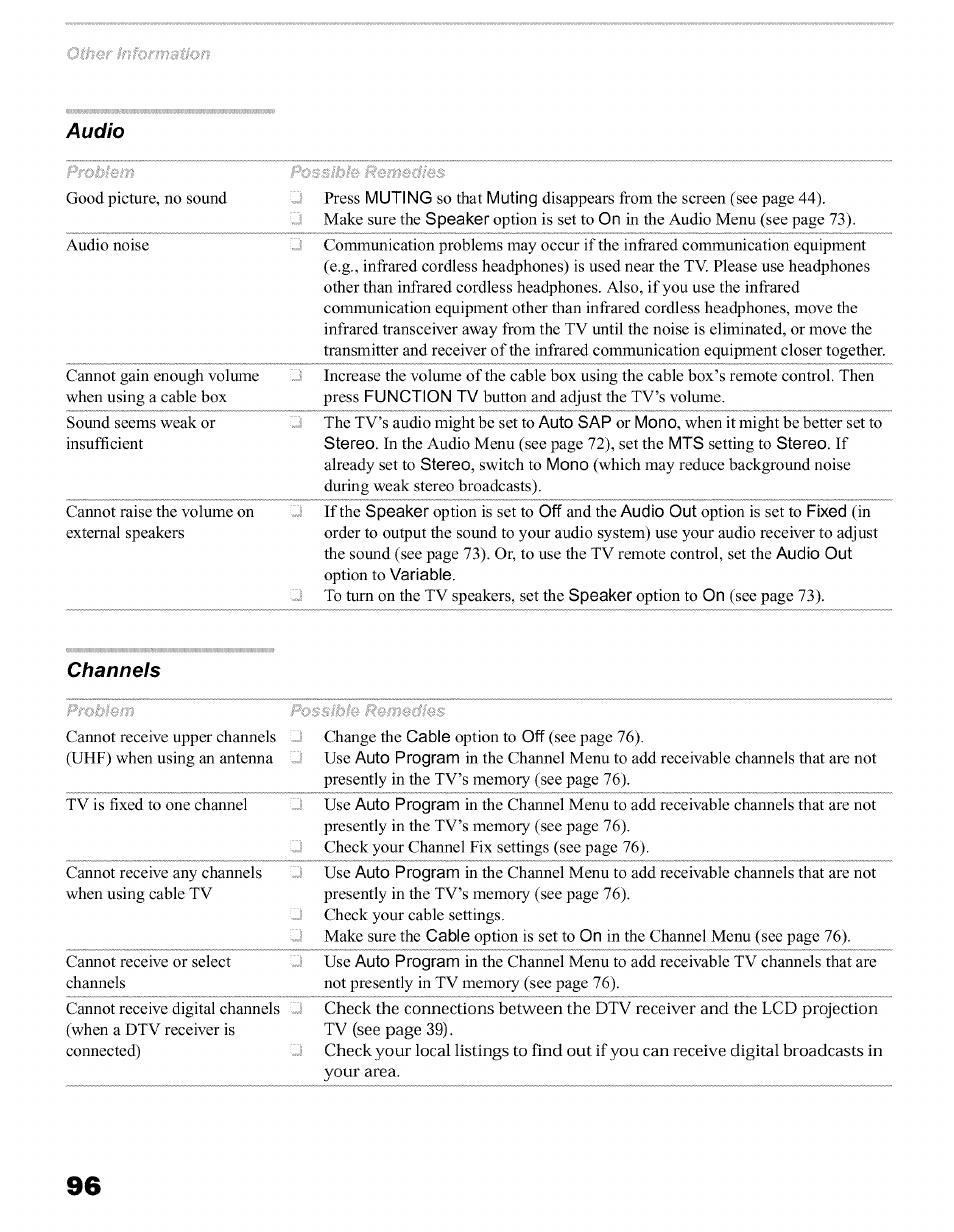 Audio, Channels | Sony KFO50WE610 User Manual | Page 96 / 104