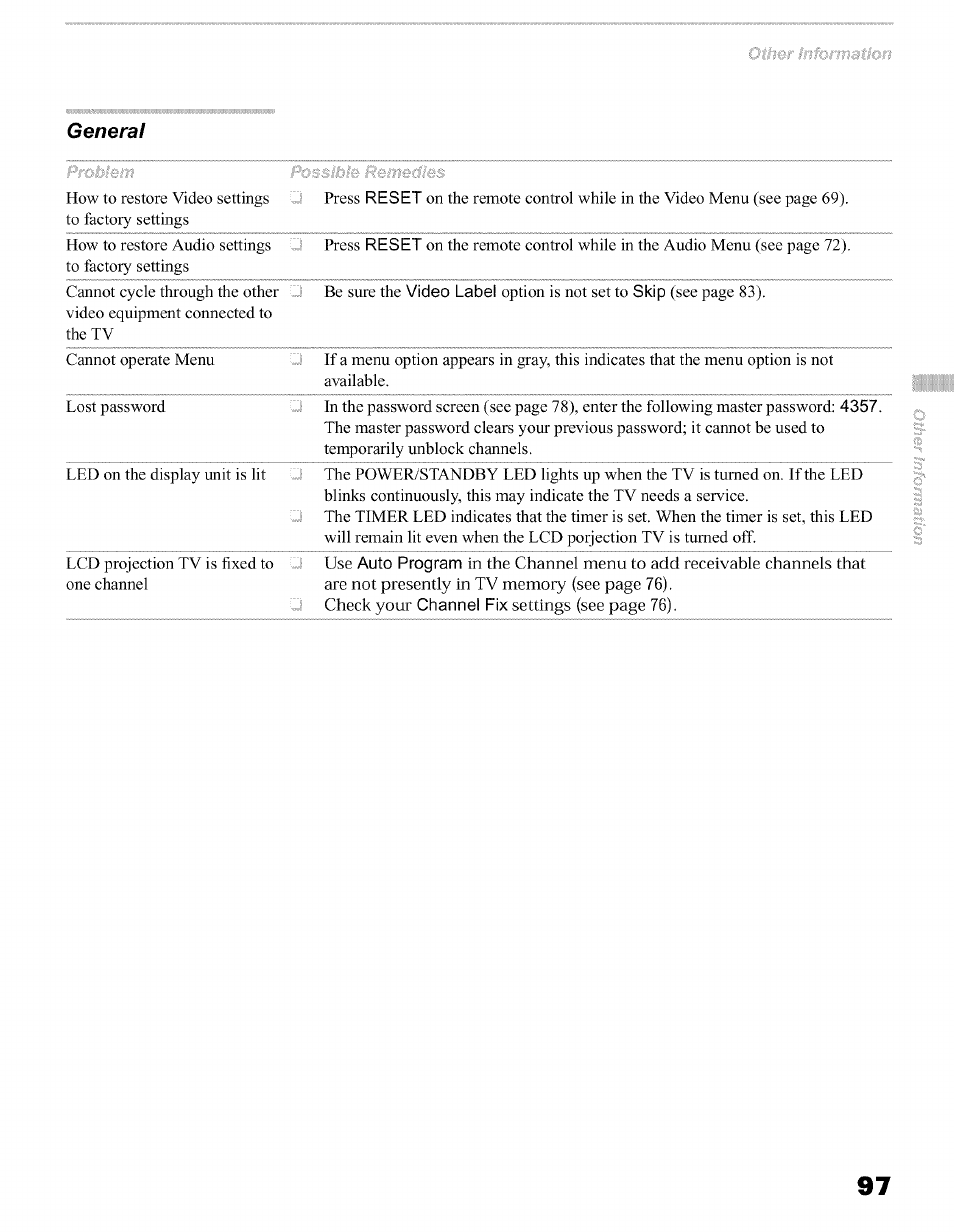 General, Fix settings (see page 76) | Sony KFO50WE610 User Manual | Page 97 / 104