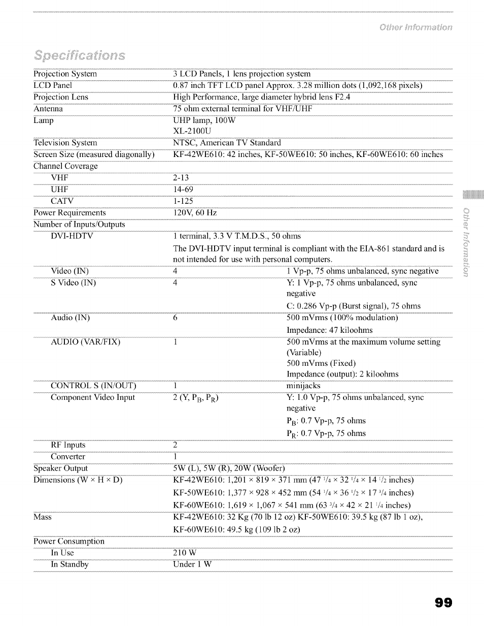 Sony KFO50WE610 User Manual | Page 99 / 104