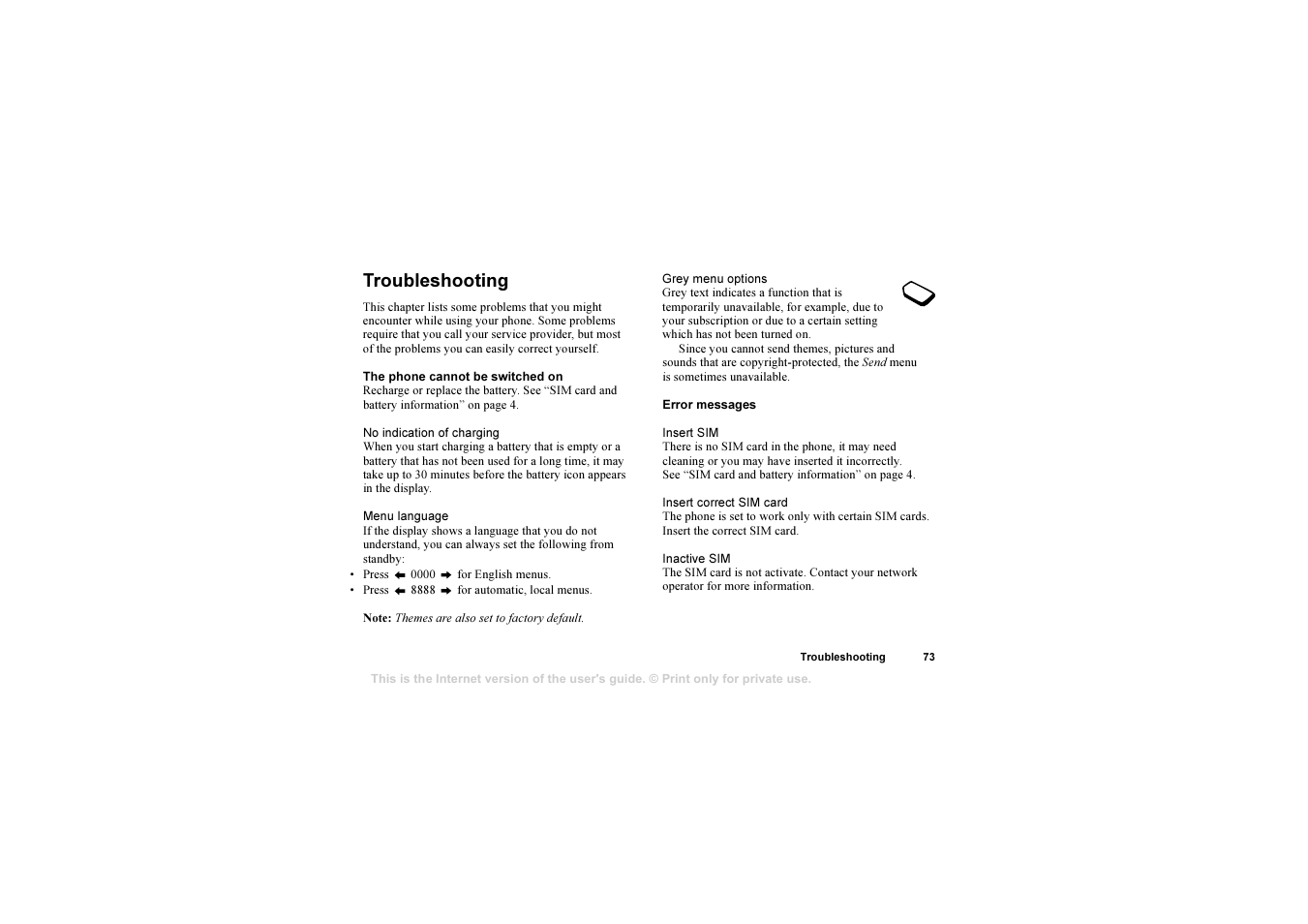 Troubleshooting, Troubleshooting 73 | Sony T310 User Manual | Page 73 / 91